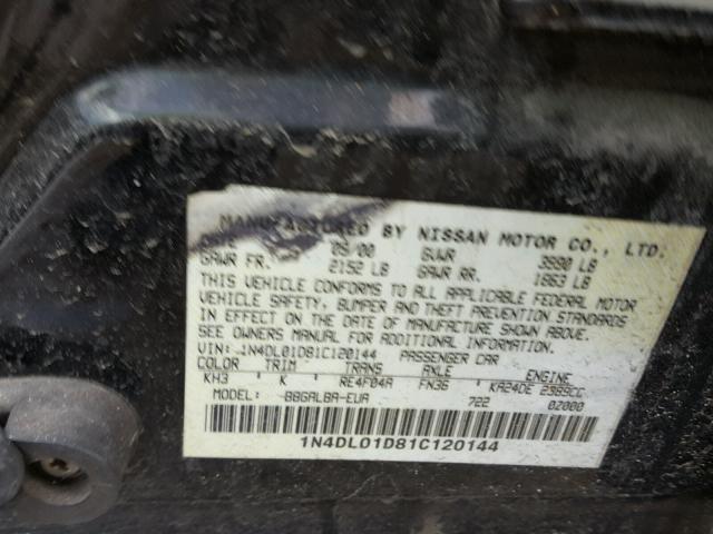 1N4DL01D81C120144 - 2001 NISSAN ALTIMA XE BLACK photo 10