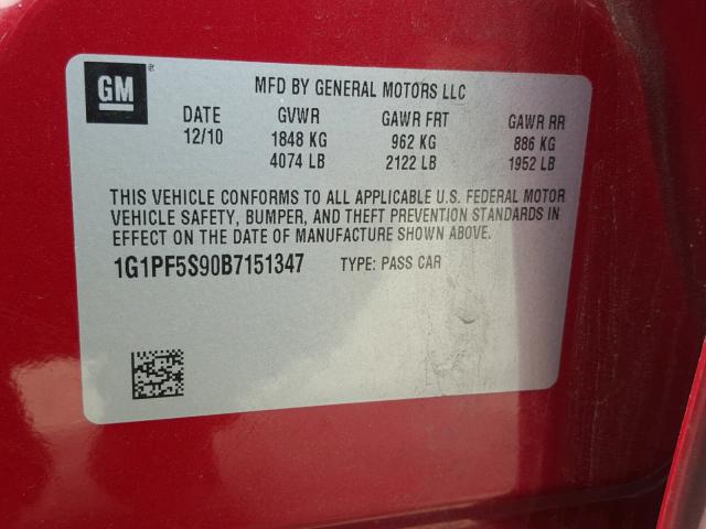 1G1PF5S90B7151347 - 2011 CHEVROLET CRUZE LT RED photo 10