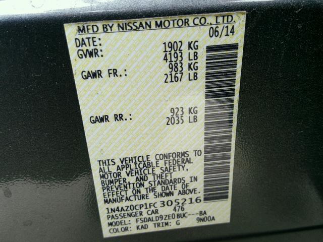 1N4AZ0CP1FC305216 - 2015 NISSAN LEAF S GRAY photo 10