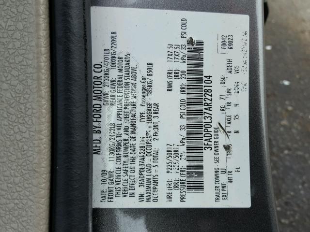 3FADP0L37AR228104 - 2010 FORD FUSION HYB CHARCOAL photo 10