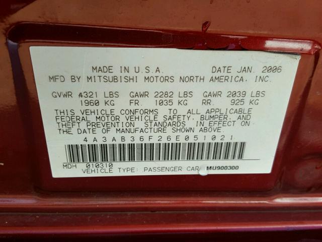 4A3AB36F26E051021 - 2006 MITSUBISHI GALANT ES BURGUNDY photo 10