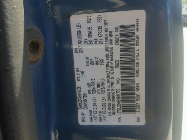 1B7GL32X02S601773 - 2002 DODGE DAKOTA SPO BLUE photo 10