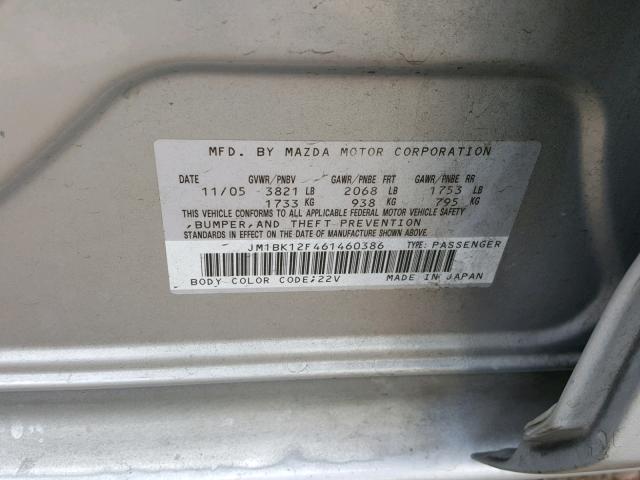 JM1BK12F461460386 - 2006 MAZDA 3 I SILVER photo 10