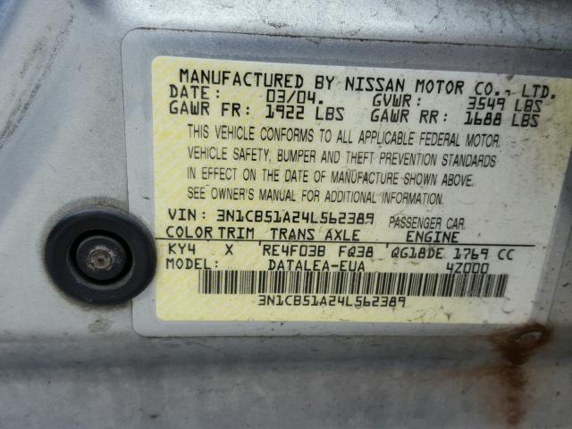 3N1CB51A24L562389 - 2004 NISSAN SENTRA 1.8 SILVER photo 10