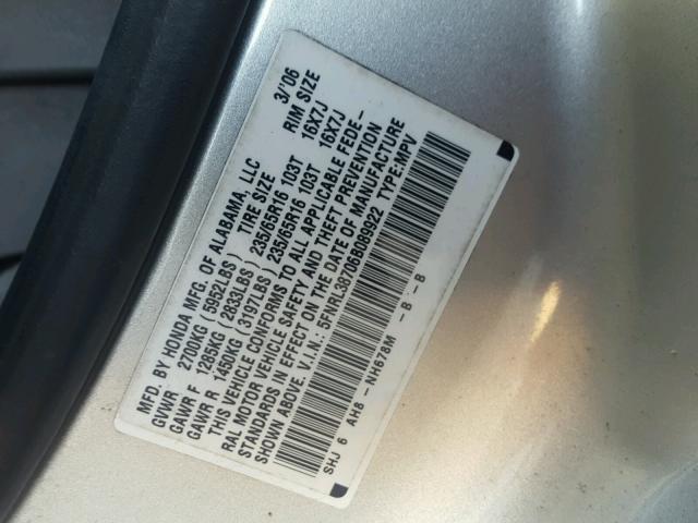 5FNRL38706B089922 - 2006 HONDA ODYSSEY EX SILVER photo 10