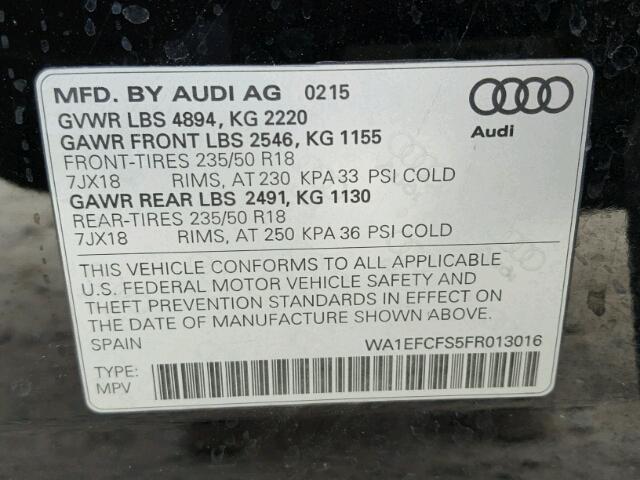 WA1EFCFS5FR013016 - 2015 AUDI Q3 PREMIUM BLACK photo 10