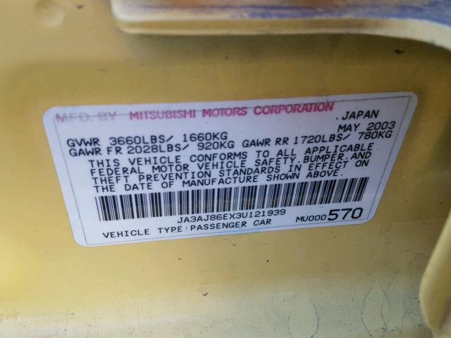 JA3AJ86EX3U121939 - 2003 MITSUBISHI LANCER OZ YELLOW photo 10