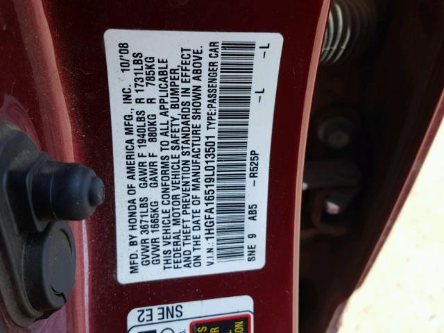 1HGFA16519L013501 - 2009 HONDA CIVIC LX RED photo 10