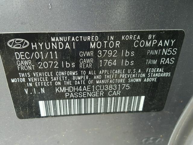 KMHDH4AE1CU383175 - 2012 HYUNDAI ELANTRA GL GRAY photo 10