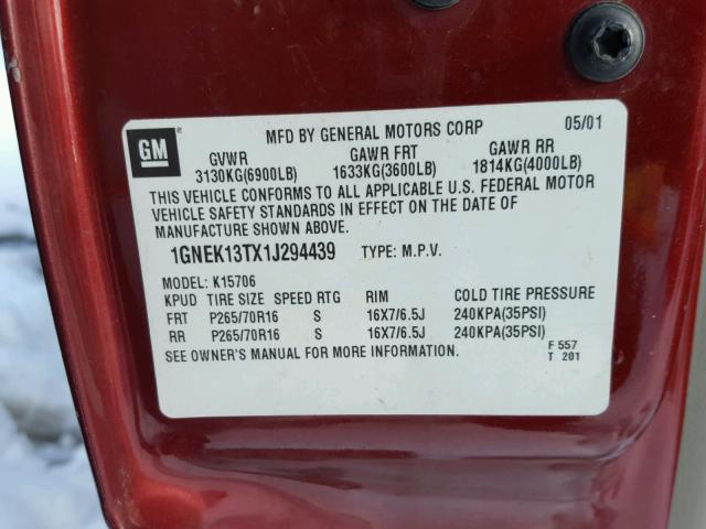 1GNEK13TX1J294439 - 2001 CHEVROLET TAHOE K150 RED photo 10