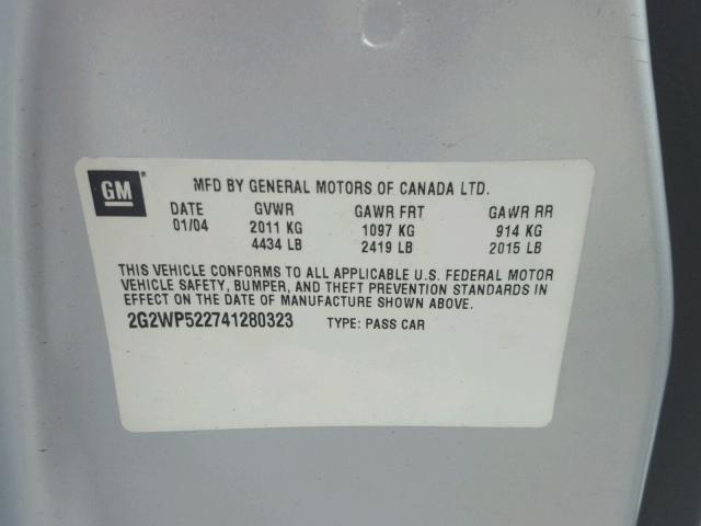 2G2WP522741280323 - 2004 PONTIAC GRAND PRIX SILVER photo 10