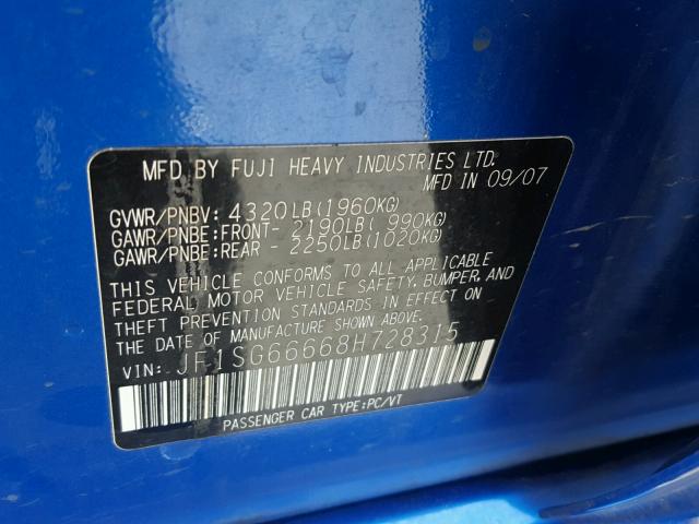 JF1SG66668H728315 - 2008 SUBARU FORESTER S BLUE photo 10