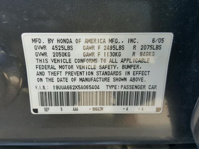 19UUA662X5A065404 - 2005 ACURA TL GRAY photo 10