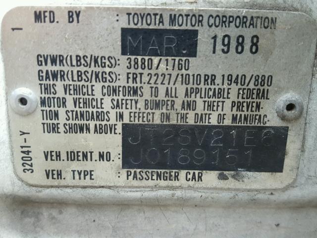 JT2SV21E6J0189151 - 1988 TOYOTA CAMRY DLX WHITE photo 10