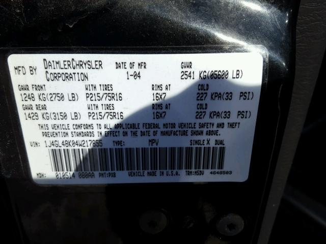 1J4GL48K04W217855 - 2004 JEEP LIBERTY SP BLACK photo 10