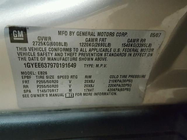 1GYEE637970191649 - 2007 CADILLAC SRX TAN photo 10