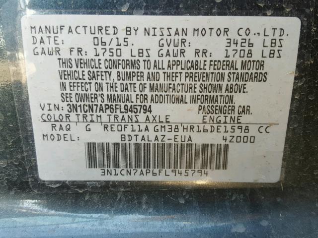 3N1CN7AP6FL945794 - 2015 NISSAN VERSA S BLUE photo 10