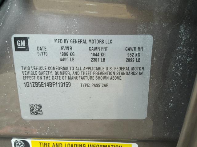 1G1ZB5E14BF119159 - 2011 CHEVROLET MALIBU LS ნაცრისფერი ფოტო 10