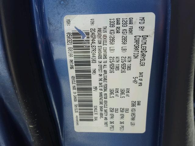 2D4GP44L67R344103 - 2007 DODGE GRAND CARA BLUE photo 10