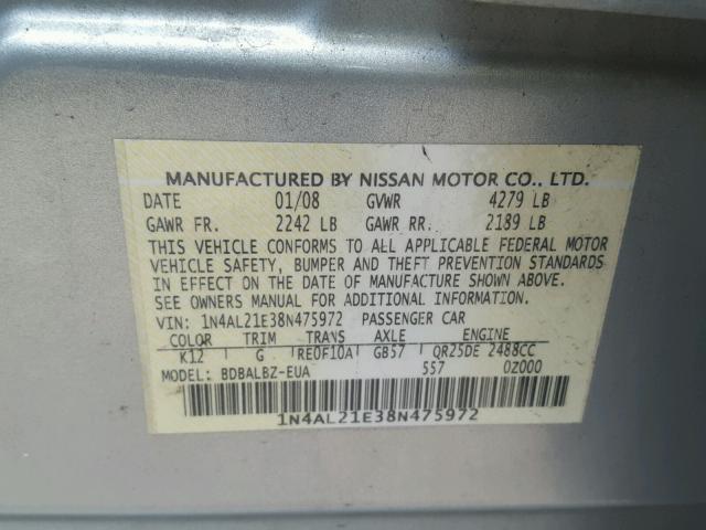 1N4AL21E38N475972 - 2008 NISSAN ALTIMA 2.5 SILVER photo 10