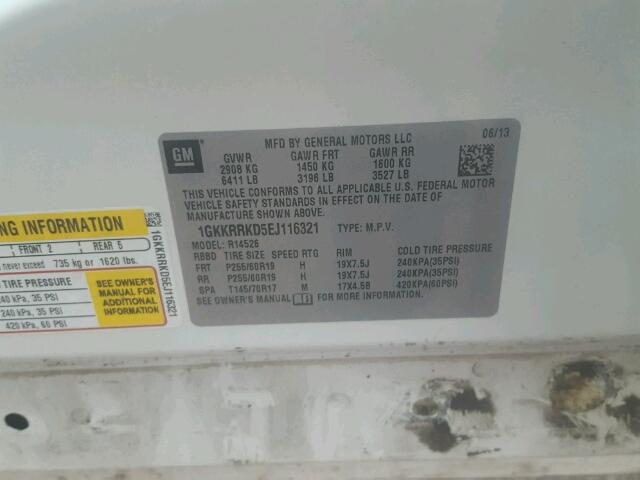 1GKKRRKD5EJ116321 - 2014 GMC ACADIA SLT თეთრი ფოტო 10