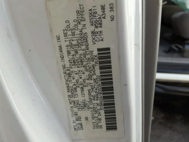 5TBRN34103S387222 - 2003 TOYOTA TUNDRA ACC WHITE photo 10