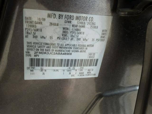 2FMDK3JC2ABA48908 - 2010 FORD EDGE SEL CHARCOAL photo 10