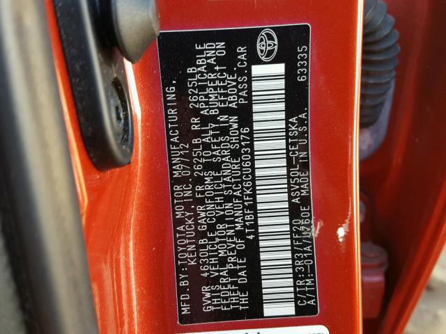 4T1BF1FK6CU603176 - 2012 TOYOTA CAMRY BASE RED photo 10