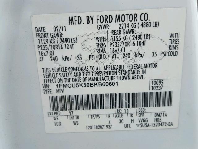 1FMCU5K30BKB60601 - 2011 FORD ESCAPE HYB WHITE photo 10