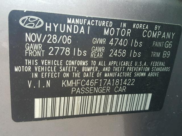 KMHFC46F17A181422 - 2007 HYUNDAI AZERA SE SILVER photo 10