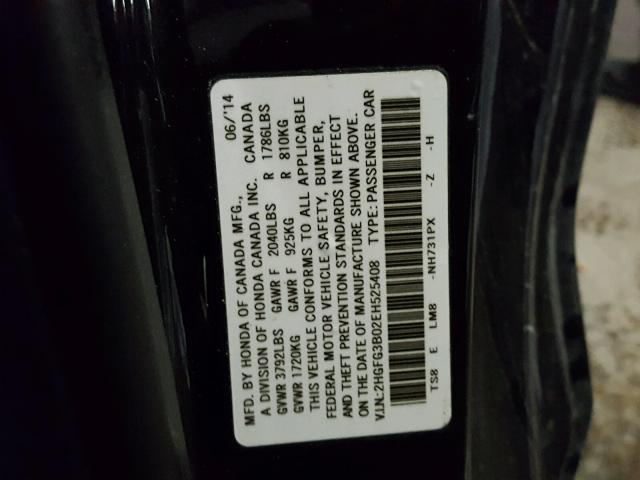 2HGFG3B02EH525408 - 2014 HONDA CIVIC EXL 黑色 照片 10