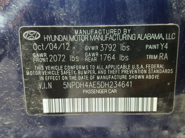 5NPDH4AE5DH234641 - 2013 HYUNDAI ELANTRA GL BLUE photo 10