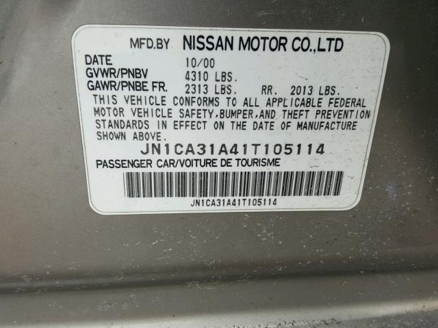 JN1CA31A41T105114 - 2001 NISSAN MAXIMA GXE GRAY photo 10