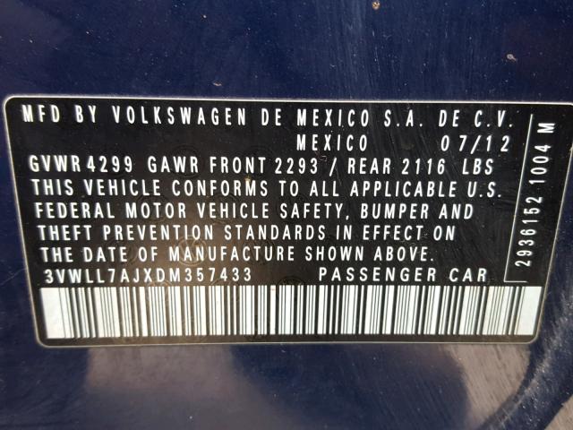 3VWLL7AJXDM357433 - 2013 VOLKSWAGEN JETTA TDI BLUE photo 10