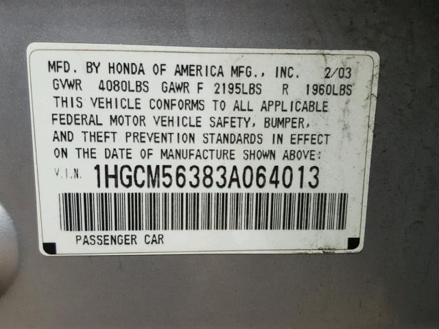 1HGCM56383A064013 - 2003 HONDA ACCORD LX SILVER photo 10