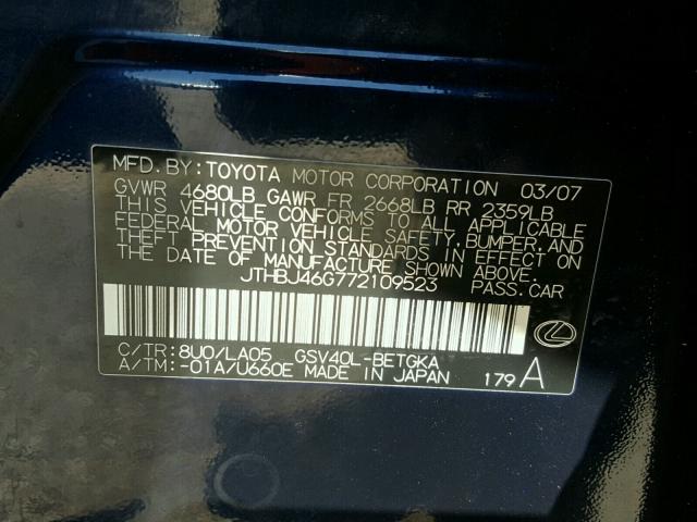 JTHBJ46G772109523 - 2007 LEXUS ES 350 BLUE photo 10