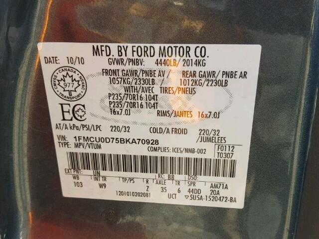 1FMCU0D75BKA70928 - 2011 FORD ESCAPE XLT BLUE photo 10