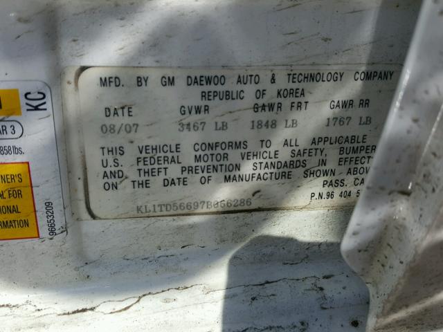 KL1TD56697B066286 - 2007 CHEVROLET AVEO BASE Սպիտակ լուսանկար 10