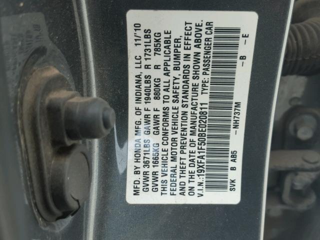 19XFA1F50BE020811 - 2011 HONDA CIVIC LX GRAY photo 10