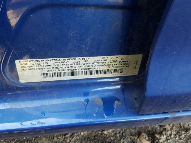 3VWHM71K58M040323 - 2008 VOLKSWAGEN JETTA S 蓝色 照片 10