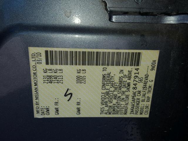 1N4AA5AP6AC847914 - 2010 NISSAN MAXIMA S BLUE photo 10