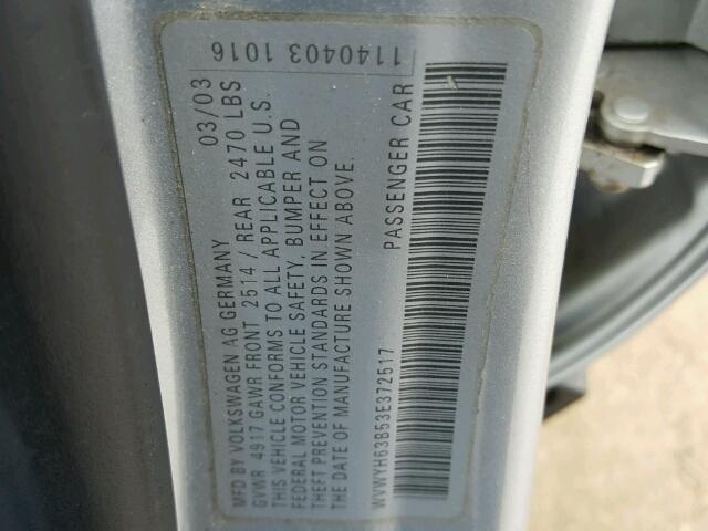 WVWYH63B53E372517 - 2003 VOLKSWAGEN PASSAT GLX SILVER photo 10