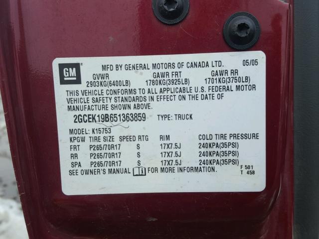 2GCEK19B651363859 - 2005 CHEVROLET SILVERADO MAROON photo 10