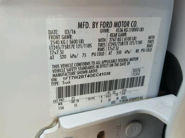 1FT7W2BT4GEC41038 - 2016 FORD F250 SUPER WHITE photo 10