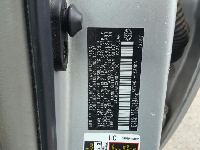 4T4BE46KX8R034138 - 2008 TOYOTA CAMRY CE SILVER photo 10