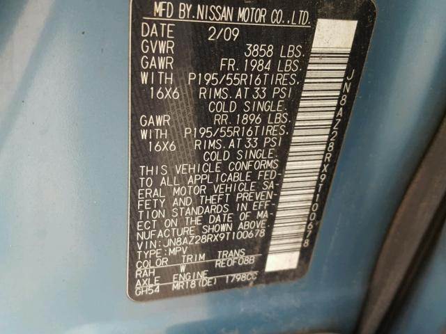 JN8AZ28RX9T100678 - 2009 NISSAN CUBE BASE TURQUOISE photo 10