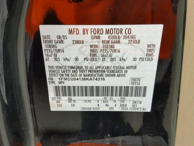 1FMCU04136KA74316 - 2006 FORD ESCAPE LIM BLACK photo 10