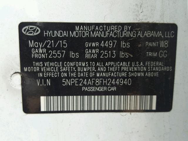 5NPE24AF8FH244940 - 2015 HYUNDAI SONATA SE WHITE photo 10