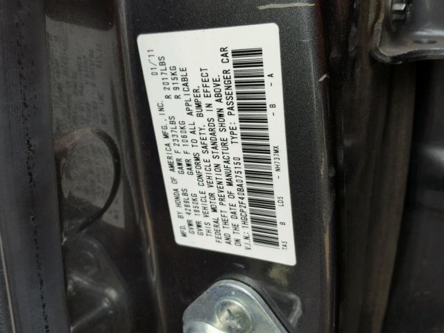 1HGCP2F40BA075150 - 2011 HONDA ACCORD LXP CHARCOAL photo 10