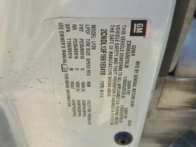 2CNDL13F166183418 - 2006 CHEVROLET EQUINOX LS SILVER photo 10